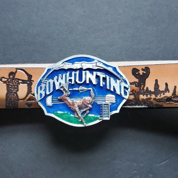 BOW HUNTER Genuine Full Grain LEATHER Belt & Matching Epoxy Bow Hunter Buckle - Picture 1 of 5